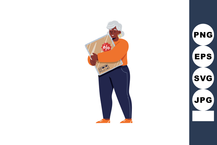 Elderly woman holding large shopping bag with discount tag s