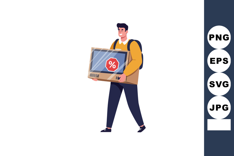 Man carrying boxed television with discount sign shopping sa