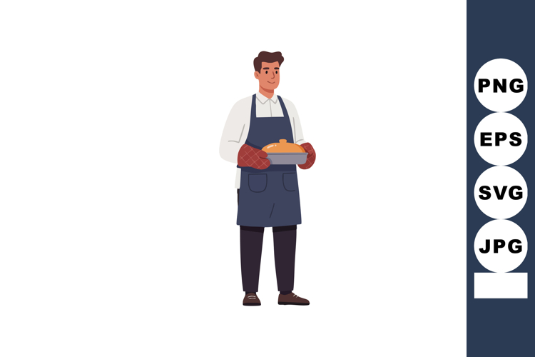 Man wearing apron holding baked bread loaf in kitchen scene