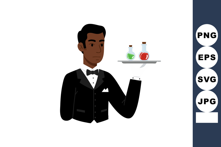 Waiter in tuxedo serving green and red drink bottles on tray