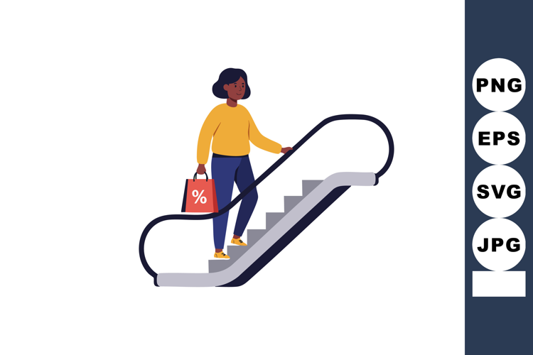 Woman with shopping bag riding escalator in mall or store en