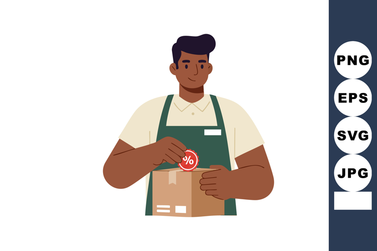 Man Packing Parcel with Discount Sticker in Green Apron Vect