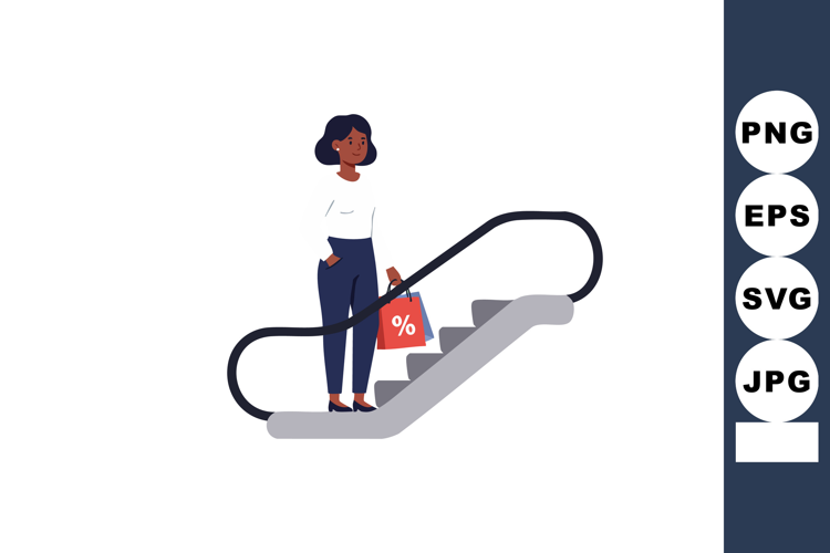 Woman holding shopping bag with percentage symbol on escalat