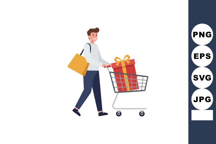 Man Pushing Shopping Cart with Gift Box and Shopping Bag Cas