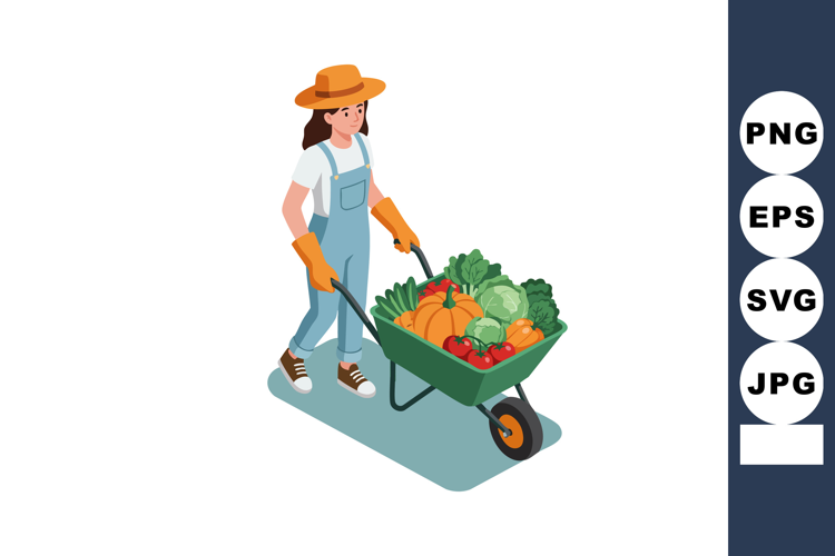 Woman in overalls pushing wheelbarrow full of fresh vegetabl