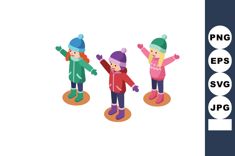 Children Wearing Winter Clothes Raising Hands Cheerfully in