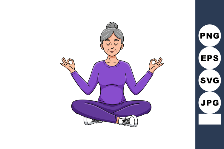 Elderly woman meditating in lotus pose wearing purple outfit