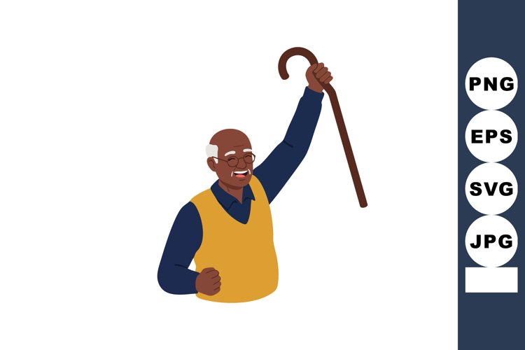 Elderly man celebrating joyfully holding cane raised in hand