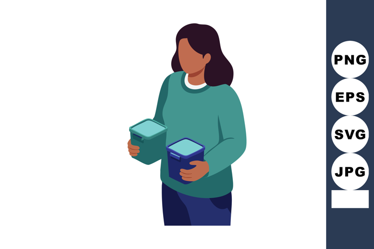Woman holding two containers in teal and blue casual clothin