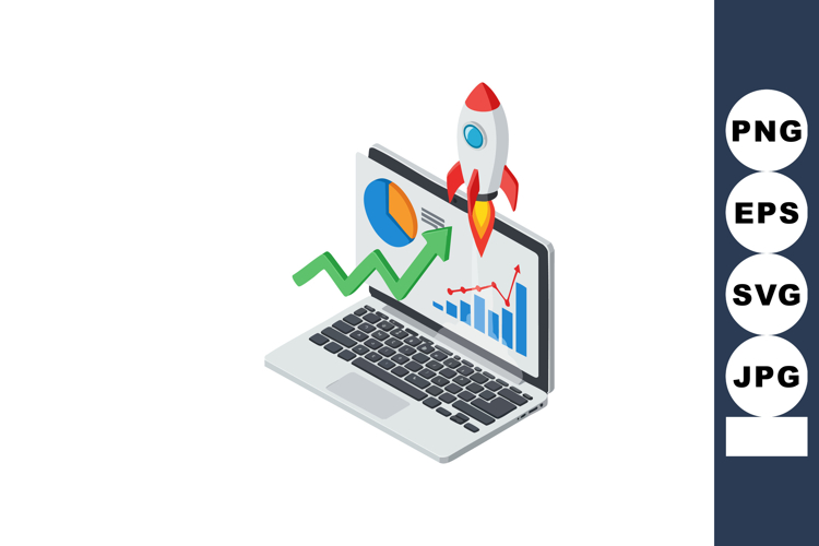 Laptop with growth chart and rocket symbolizing business suc