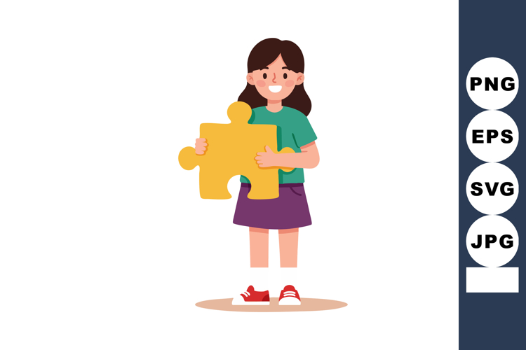 Girl holding yellow puzzle piece smiling happy standing vect