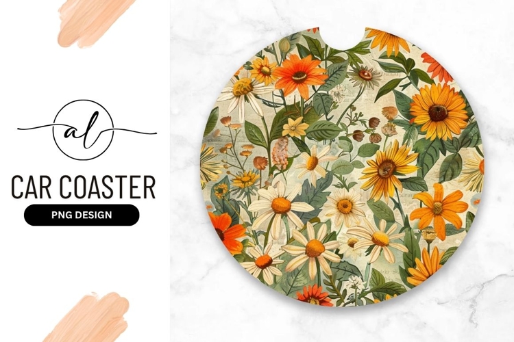 Vintage Floral Pattern Round Car Coaster Png