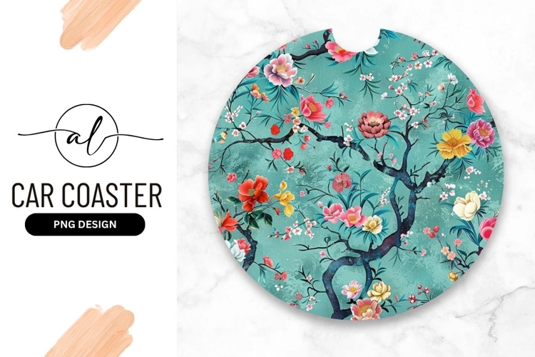 Floral Blossoms Turquoise Background Round Car Coaster Png