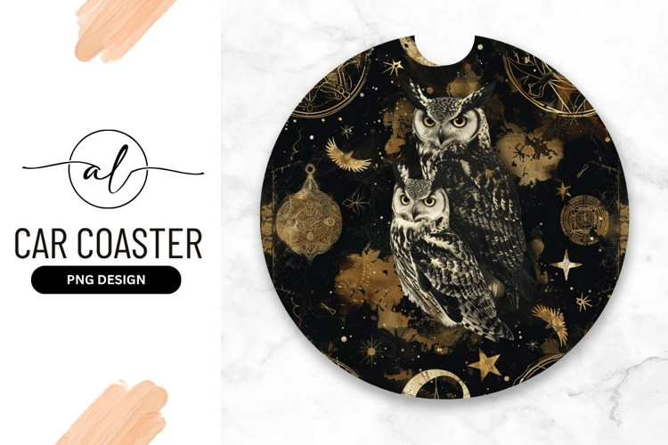 Two Owls Golden Mystical Round Car Coaster