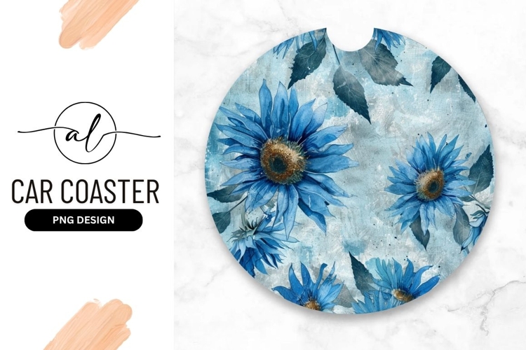 Blue Sunflower Floral Round Car Coaster Png