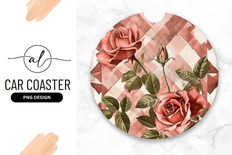 Pink Roses On Plaid Round Car Coaster