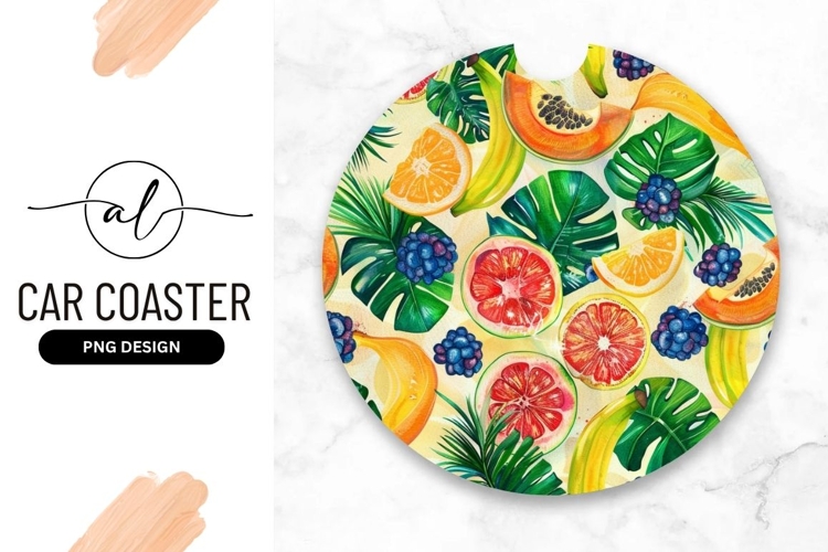 Tropical Fruits And Leaves Round Car Coaster