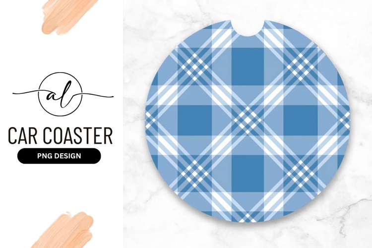 Blue And White Plaid Round Car Coaster