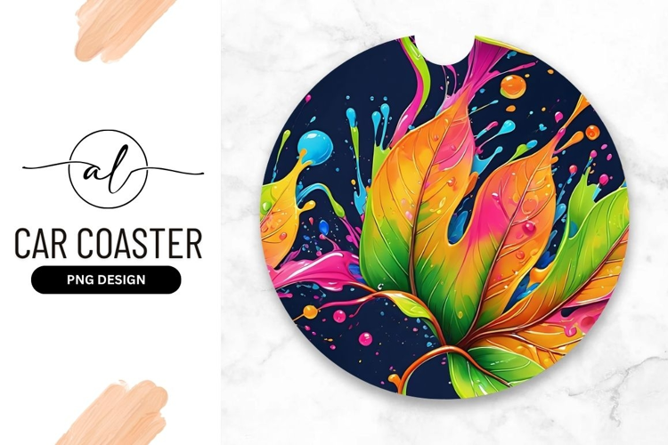 Colorful Tropical Leaves Art Round Car Coaster