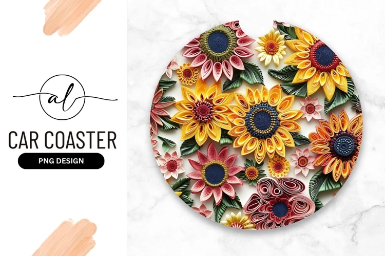 Floral Paper Art Round Car Coaster Png