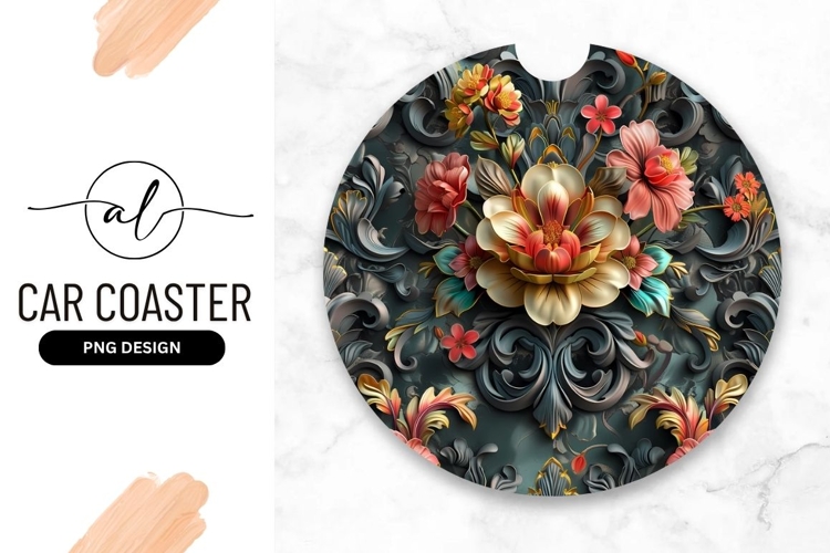 Floral Ornament Round Car Coaster Design