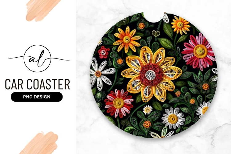 Colorful Paper Quilled Flowers Round Car Coaster