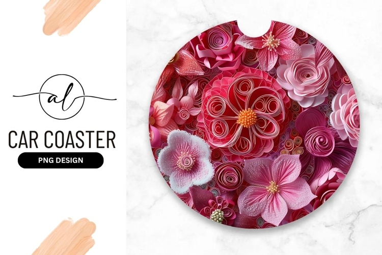 Pink Paper Flowers Round Car Coaster Png