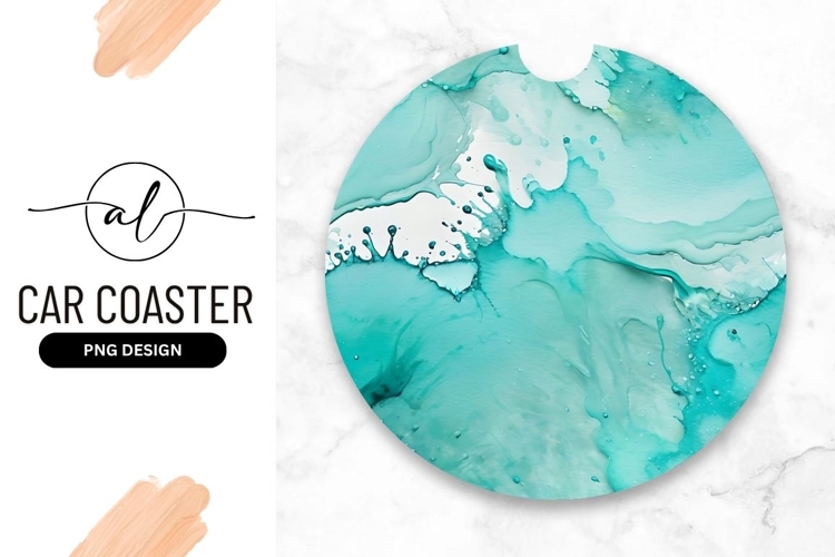 Teal Abstract Watercolor Round Car Coaster Design