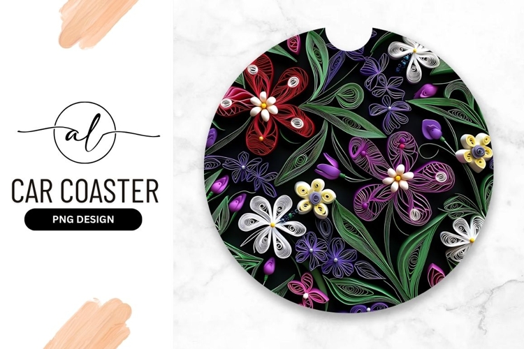 Floral Quilling Art Design Round Car Coaster Png
