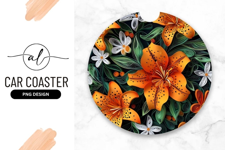 Tiger Lily Floral Quilling Round Car Coaster