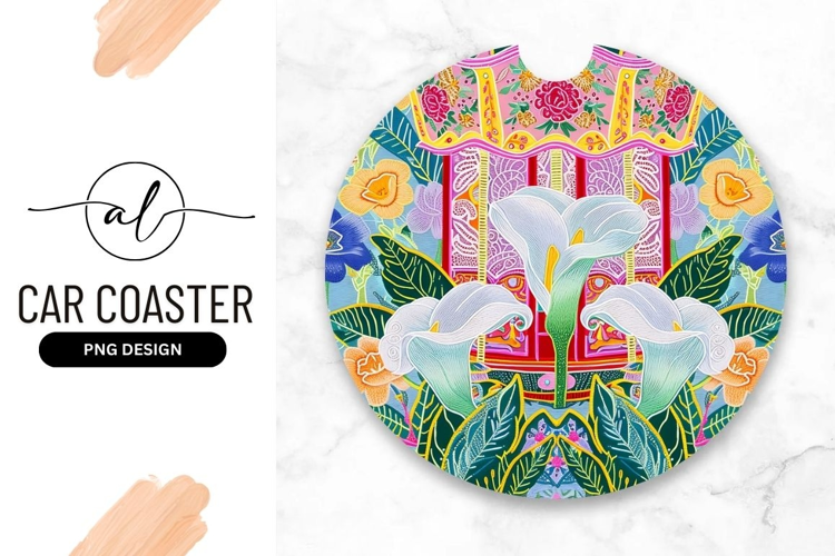 Colorful Floral Round Design For Car Coaster