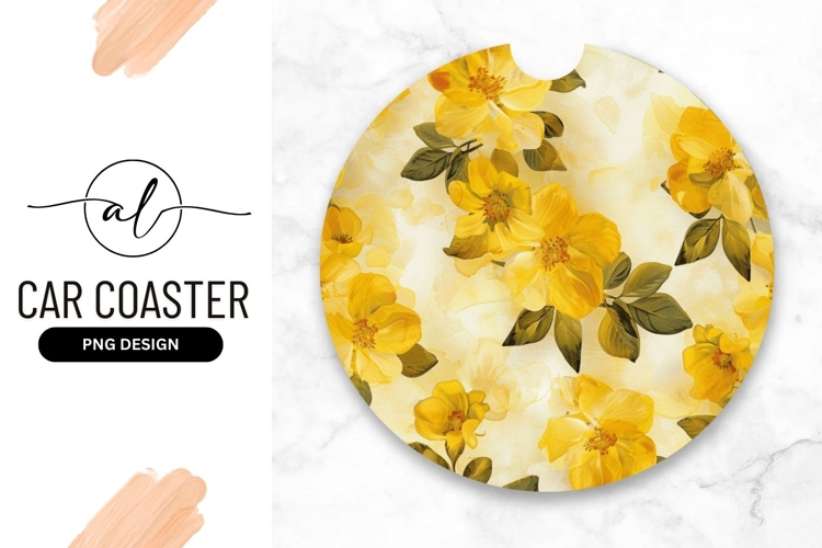 Round car coaster with yellow floral design
