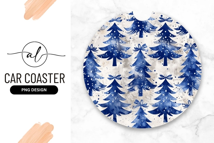 Round car coaster with winter forest design