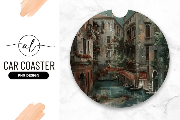 Venetian canal scene round car coaster png design