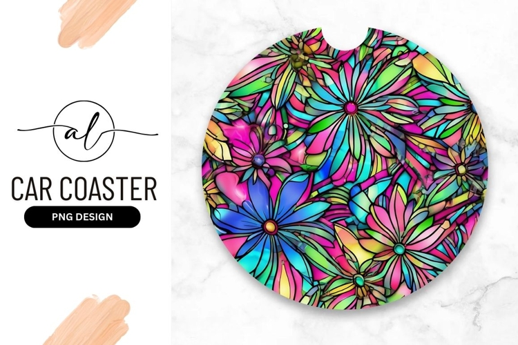 Colorful Floral Pattern Round Car Coaster Png