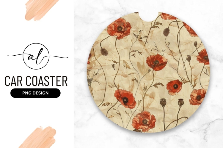 Round car coaster with poppy flower design