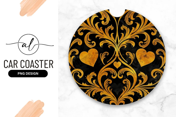 Elegant round car coaster with golden hearts design