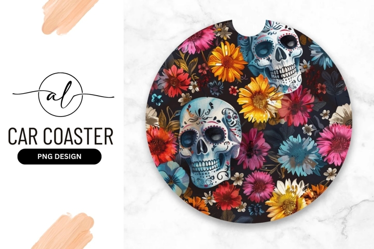 Vibrant sugar skull car coaster design