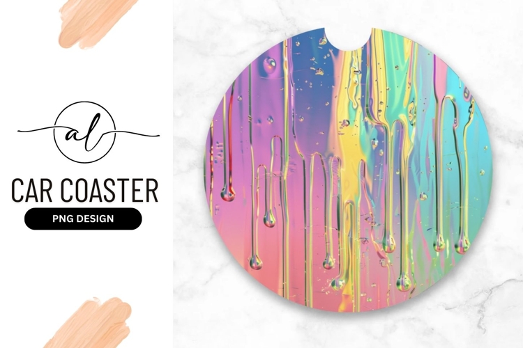 Round car coaster with colorful drip design