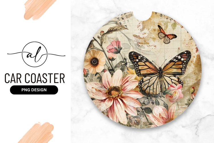 Round car coaster with floral and butterfly design