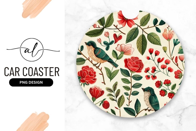 Round car coaster with floral and bird design