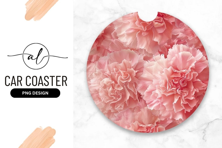 Round car coaster with pink carnation design