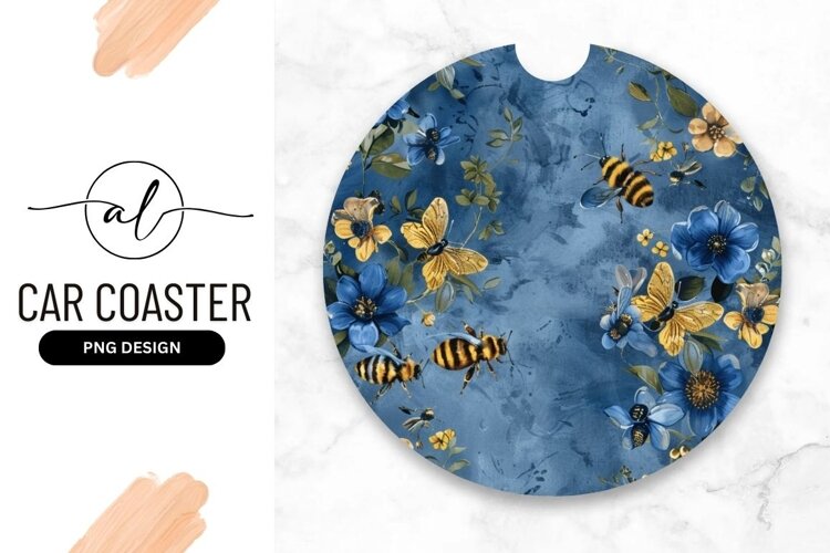 Round car coaster with floral and bee design example image 1