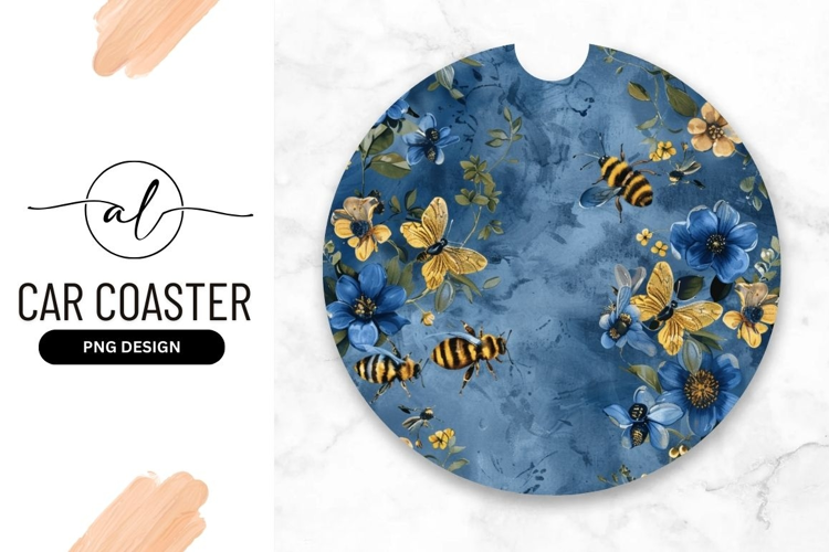 Round car coaster with floral and bee design