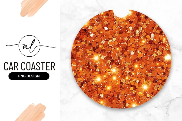 Round car coaster with sparkling orange glitter design