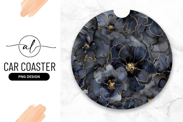 Round car coaster with dark floral design