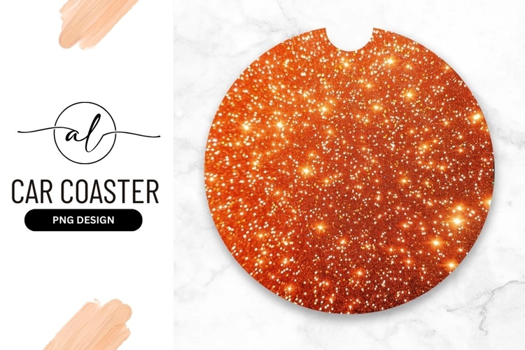 Round car coaster with sparkling orange design