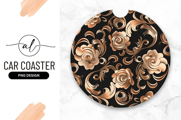 Elegant round car coaster with golden floral design