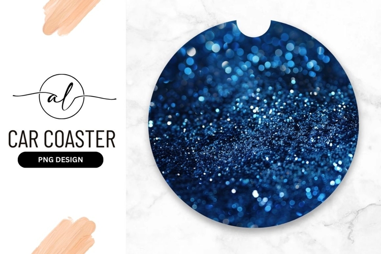 Round car coaster png design with blue glitter
