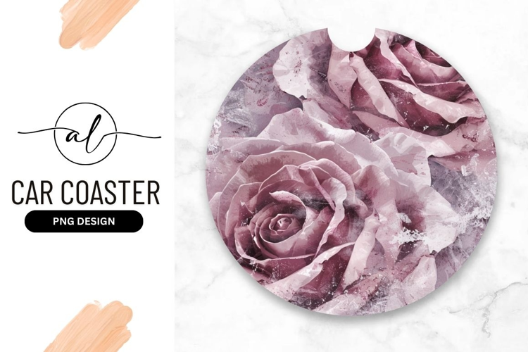 Round car coaster with pink rose design